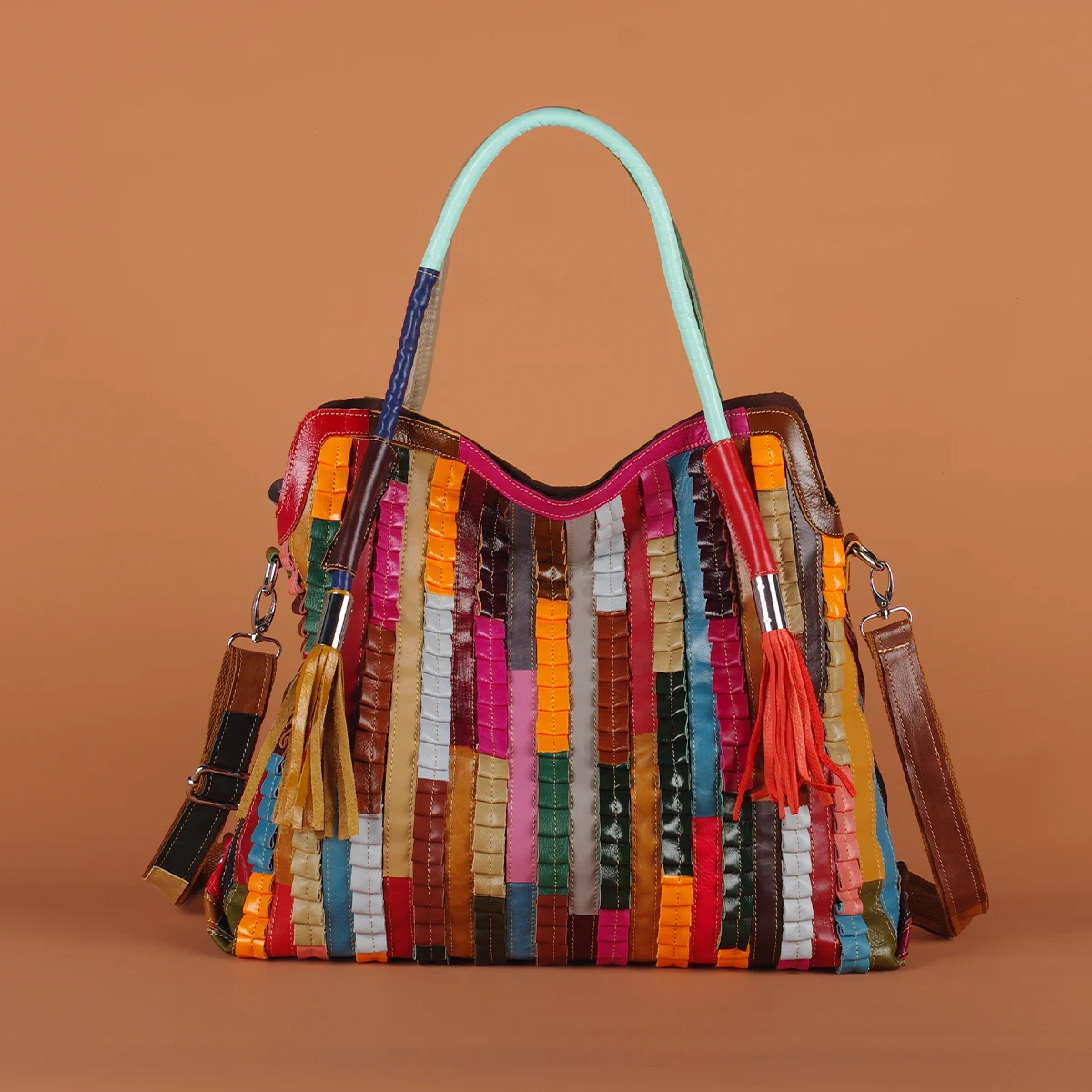 Sac à main cuir patchwork rayures colorées – Image 5