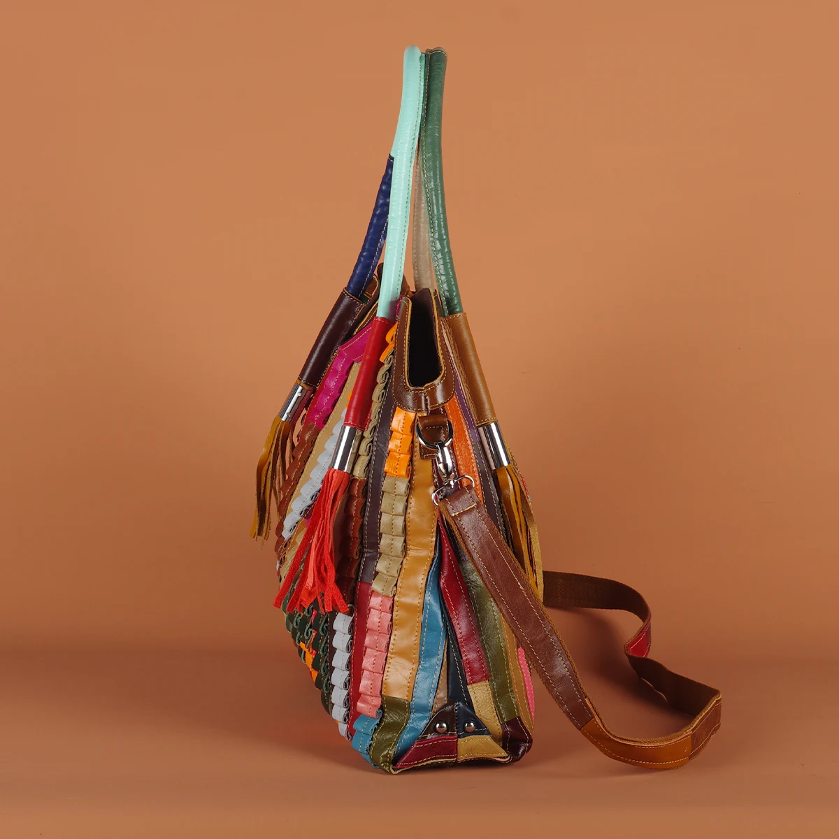 Sac à main cuir patchwork rayures colorées – Image 3