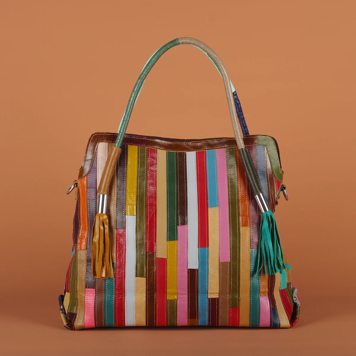 Sac à main cuir patchwork rayures colorées – Image 2