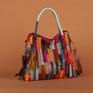 Sac à main cuir patchwork rayures colorées