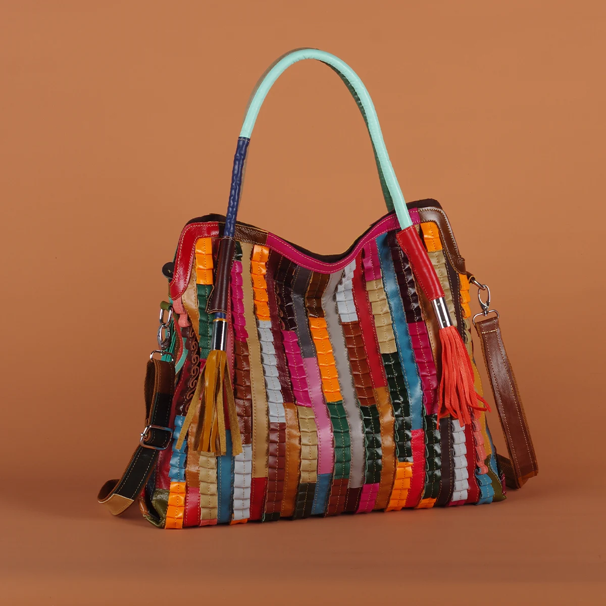 Sac à main cuir patchwork rayures colorées
