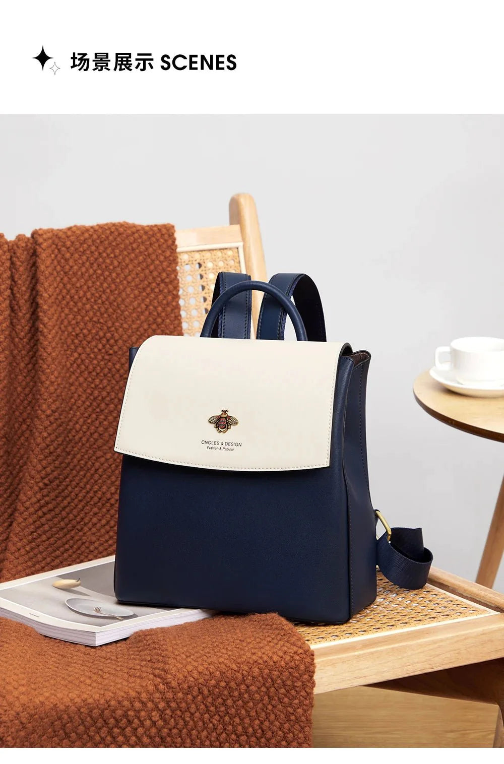 cuir de qualité sac à dos bleu blanc