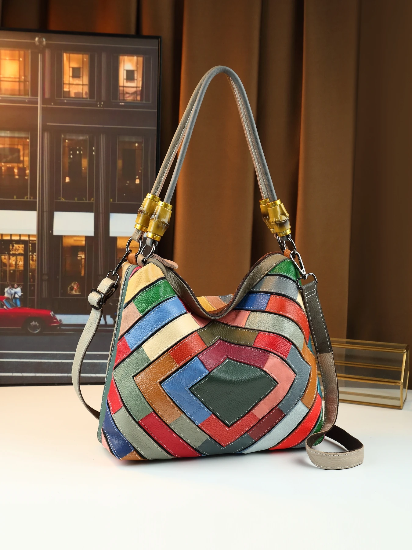 sac fourre-tout cuir patchwork